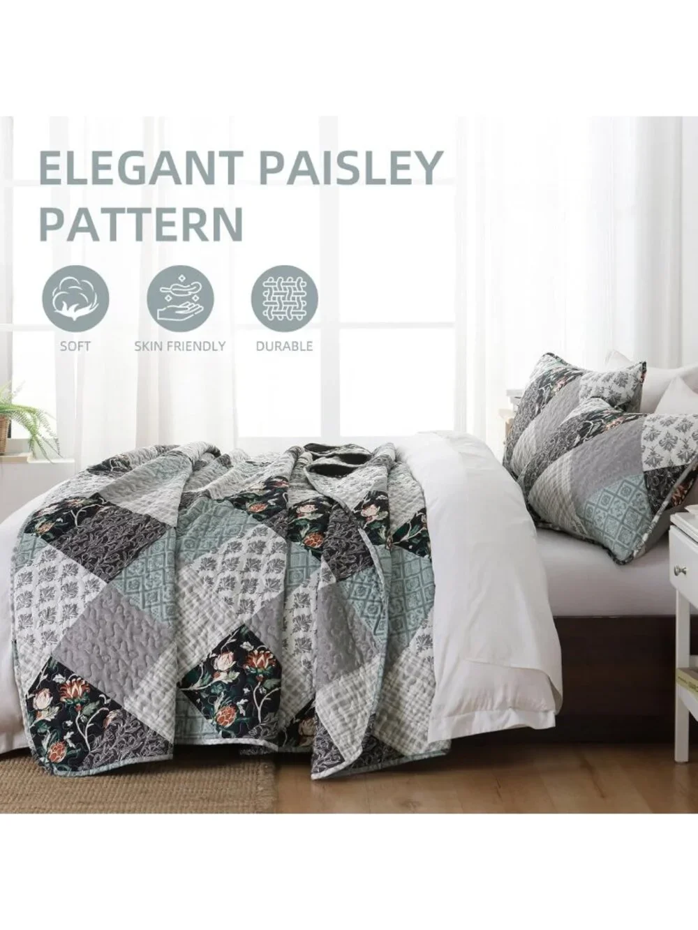 Boho Patchwork Quilt Set Queen, 3-Piece Floral Microfiber Bedspread, Reversible